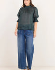 Verse Petrol Sheer High Neck Short Sleeve Top