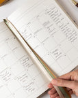Open planner with handwritten notes on a white surface, held by a hand with a pen.