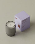 A dark gray glass jar candle next to its light purple packaging box on a neutral beige background. The brand name 'ABOLISH & CO.