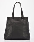 Black leather tote bag on a white background