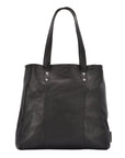 Black leather tote bag on a white background