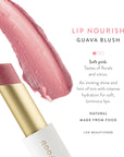 Lip balm with guava blush color and product details on a white background