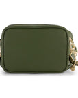 Green crossbody bag with gold accents on a white background