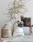 Vase with branches, bag labeled 'Forest Floor', and small wooden stool against a light background