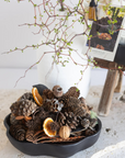 Decorative arrangement with pinecones, dried oranges, and branches on a white surface.