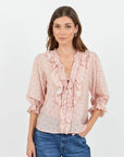 Garnish Polka Dot Frill Front Mid Sleeve Top - Blush
