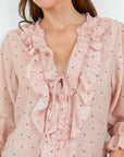 Garnish Polka Dot Frill Front Mid Sleeve Top - Blush