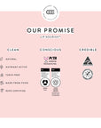 Product packaging with 'Our Promise' text and certification logos on a pink background