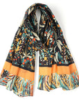 Colorful floral-patterned scarf on a white background