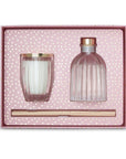 Set of pink glass candle and bottle with gold accents in a polka dot box