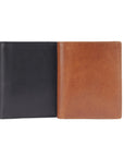 Two leather bifold wallets side by side, one in black and one in tan brown, on a light gray background.
