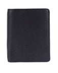 A black pebbled leather bifold wallet shown closed against a plain white background.