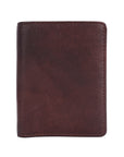 A dark brown pebbled leather bifold wallet shown closed against a plain white background.