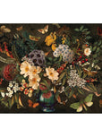 Floral still life painting with a vase of flowers and insects on a dark background
