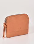 Brown leather wallet with a strap on a light gray background