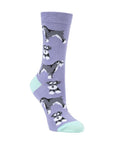 Purple socks with dog pattern on a white background