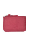 Pink leather pouch with a zipper on a white background