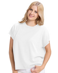 Woman wearing a white t-shirt and pants on a white background
