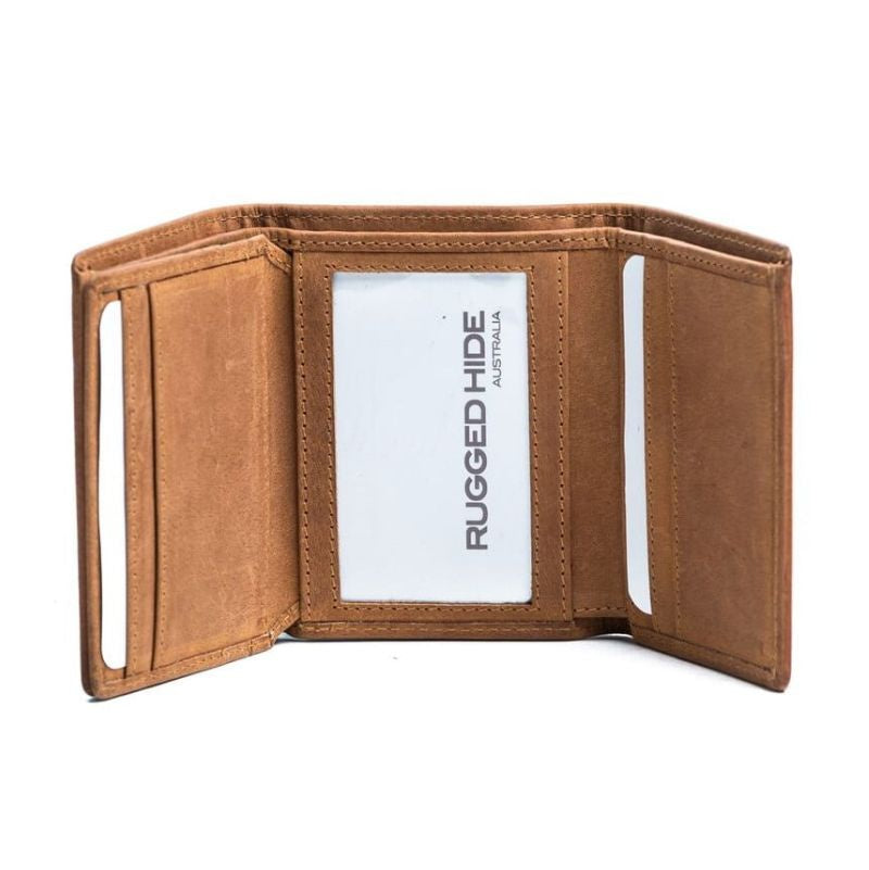 A brown leather bi-fold wallet shown open on a white background, featuring multiple card slots, a vertical ID window, and a cardholder with the text 'RUGGED HIDE AUSTRALIA' printed on a white card.