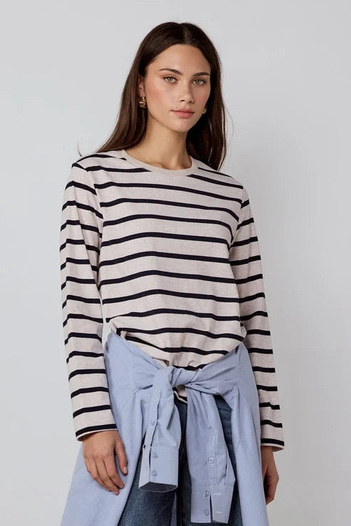 TETHER STRIPE LONG SLEEVE BOXY TEE - ECRU NAVY