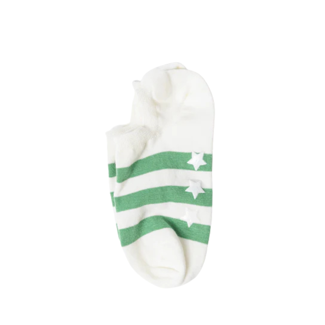 White sock with green stripes and white stars on a white background
