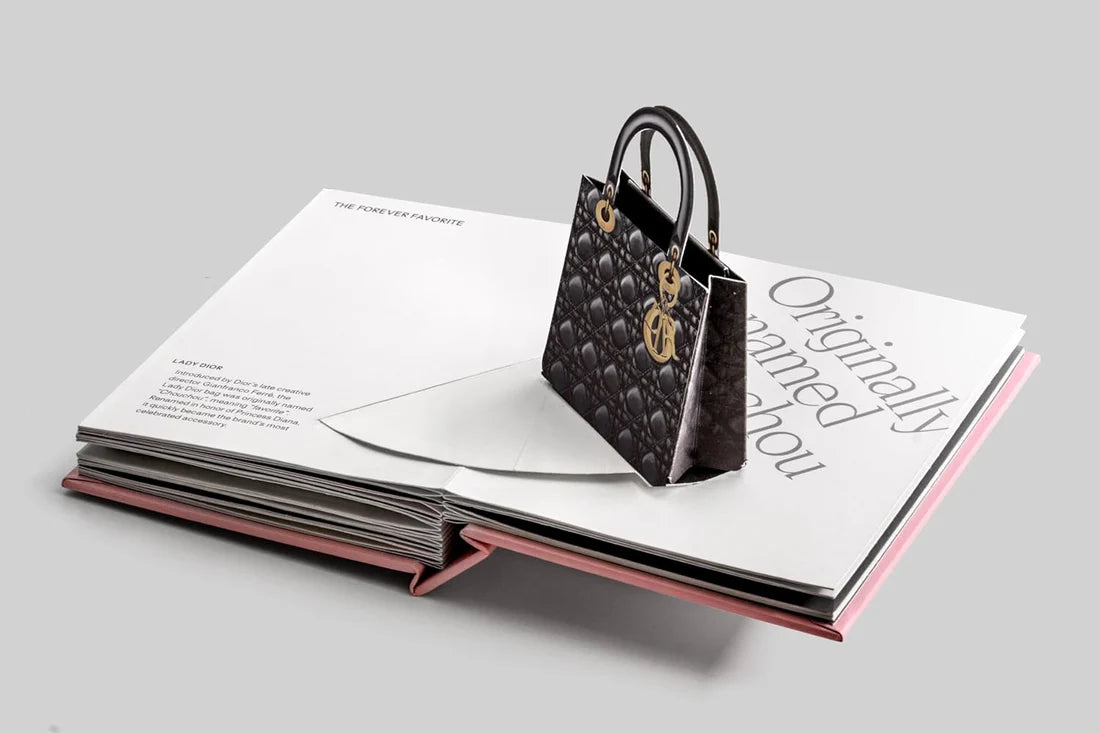 Black handbag on an open book with visible text