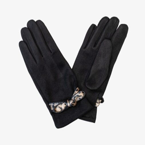 Gloves - Black Suedette | Leopard Bow