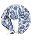 Blue and white patterned hair scarf on a white background