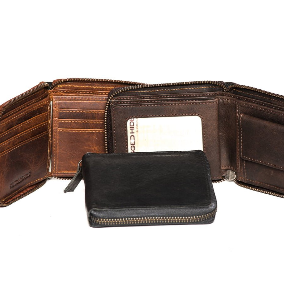 Brown leather wallet with a black cardholder on a white background