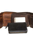 Brown leather wallet with a black cardholder on a white background
