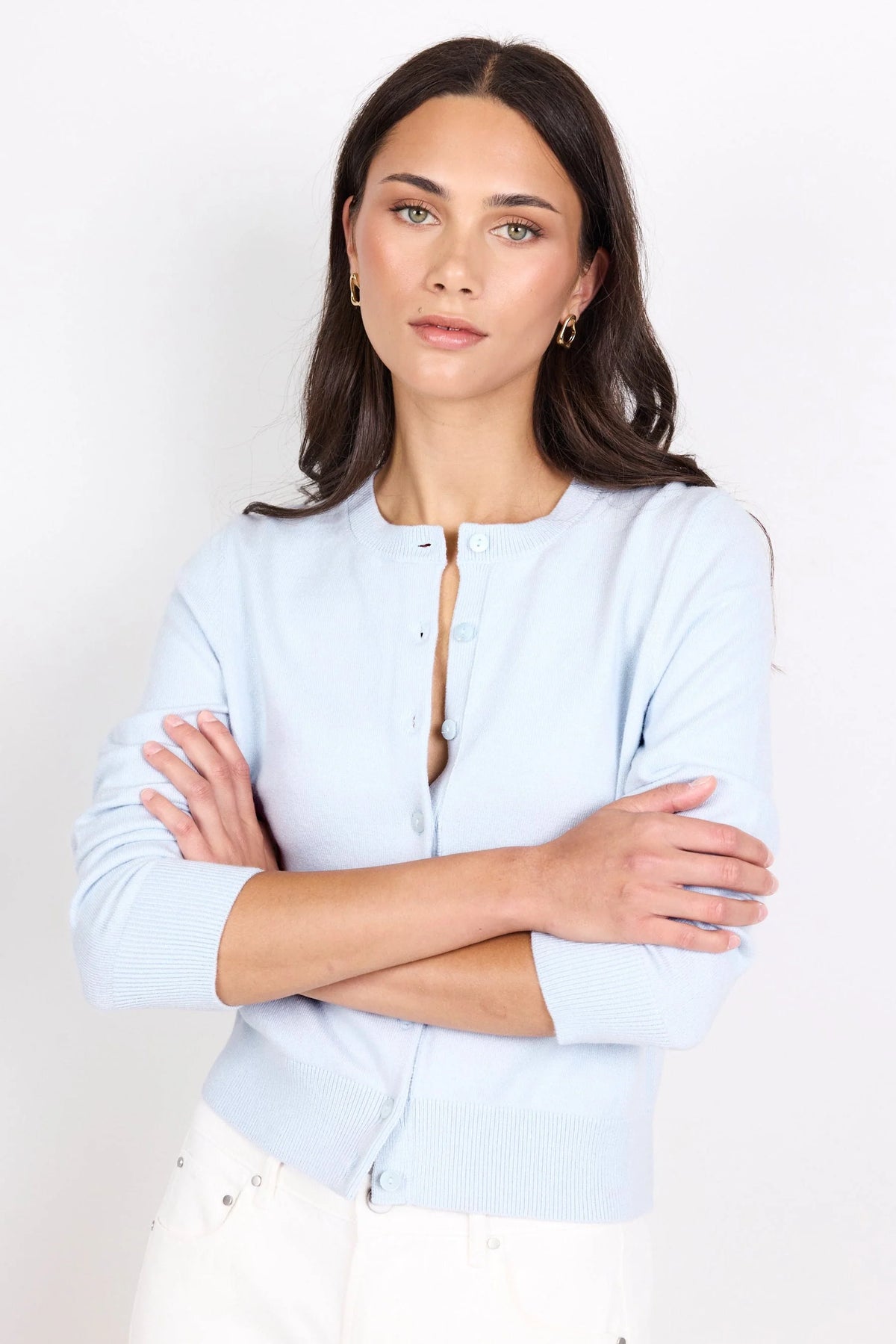 Autograph Soft Fine Gauge Crewneck Cardigan - Ice Blue