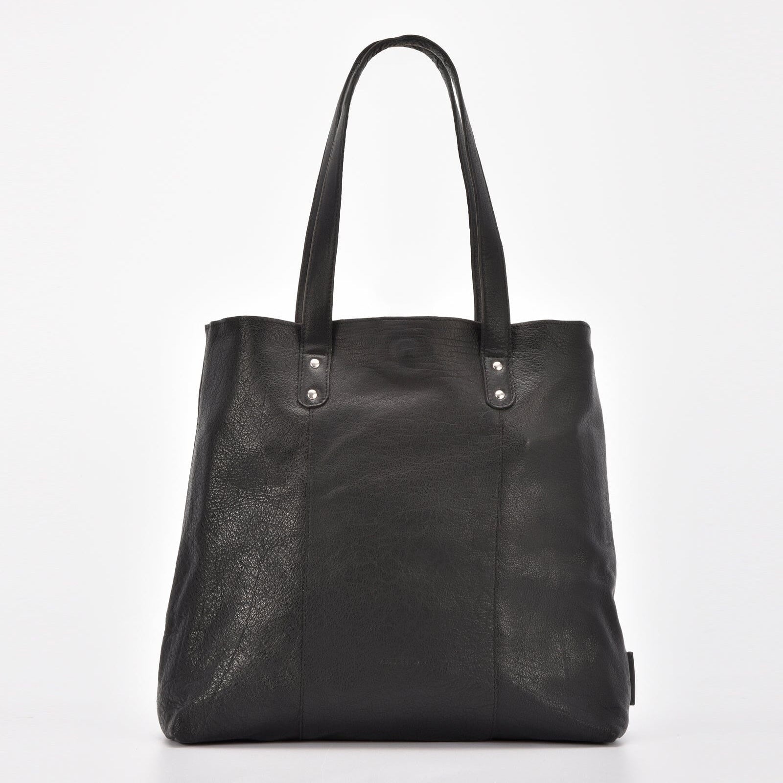 Black leather tote bag on a white background