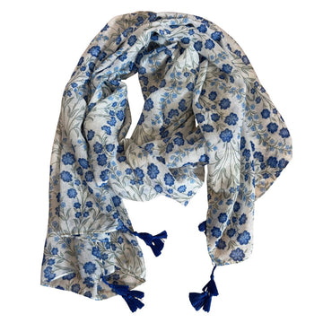 Scarf - Blue Daisy with Tassels