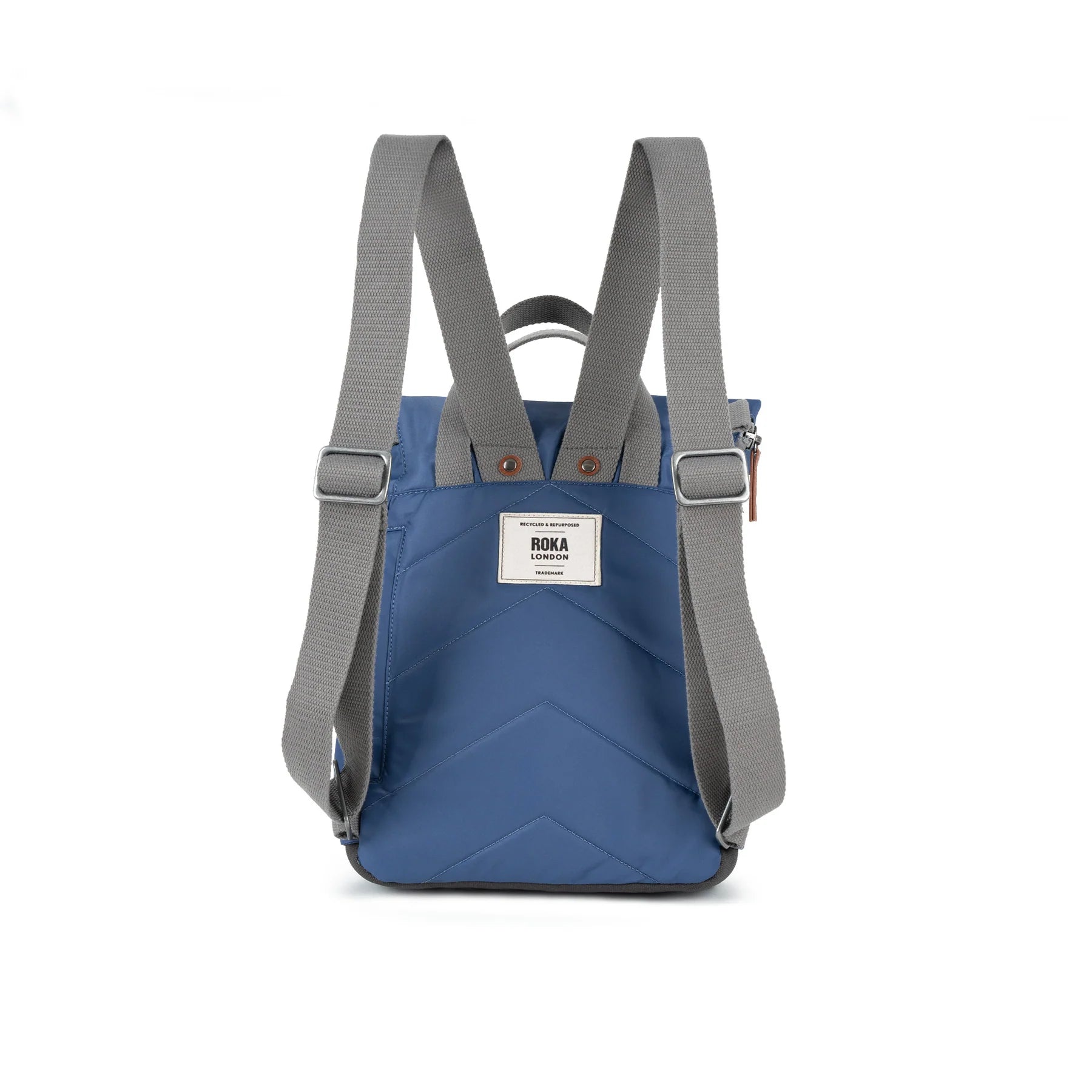 Blue backpack with gray straps on a white background