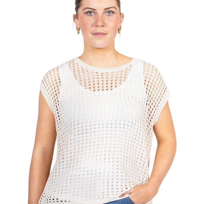 Woman wearing a white mesh top and blue jeans on a white background