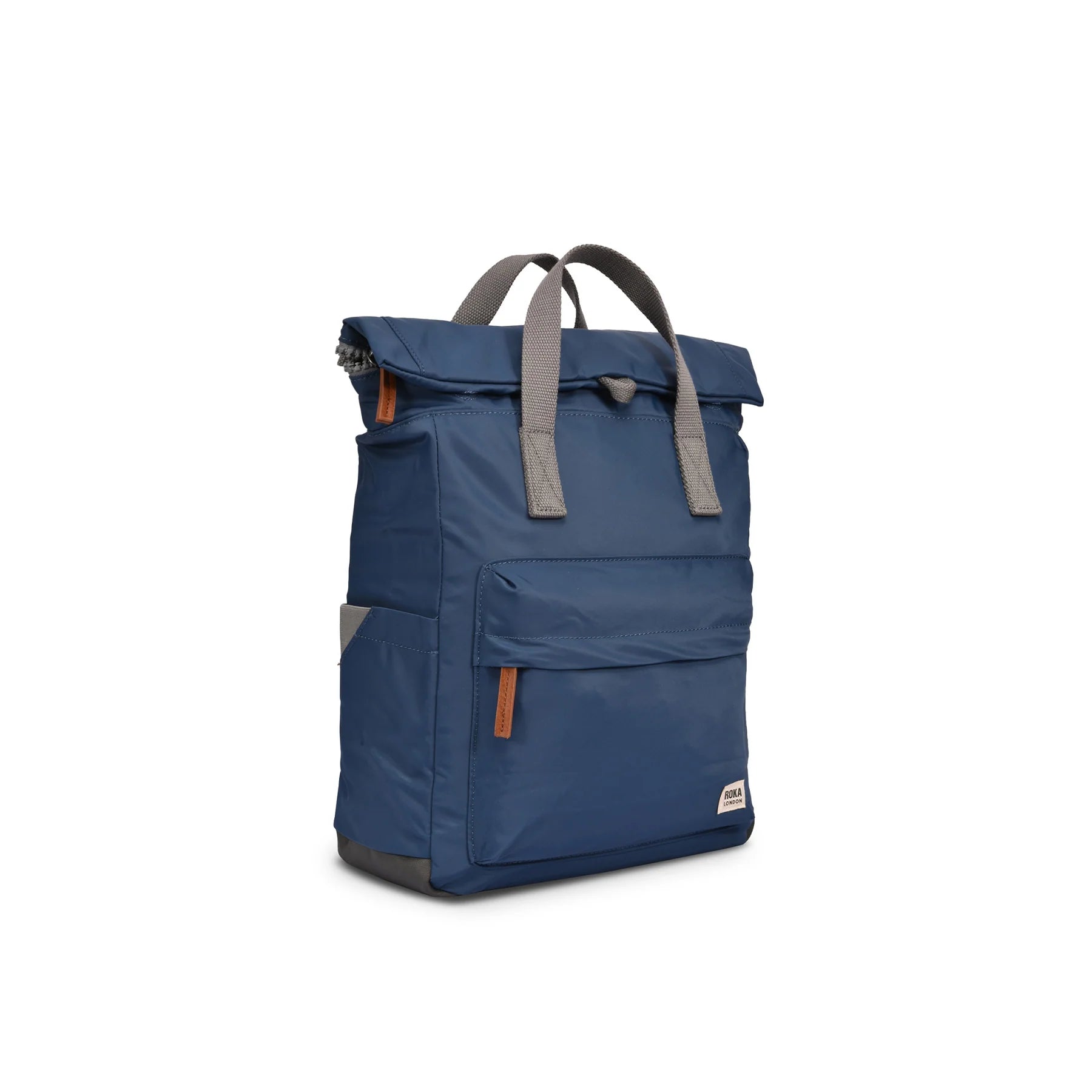 Blue backpack with gray straps on a white background