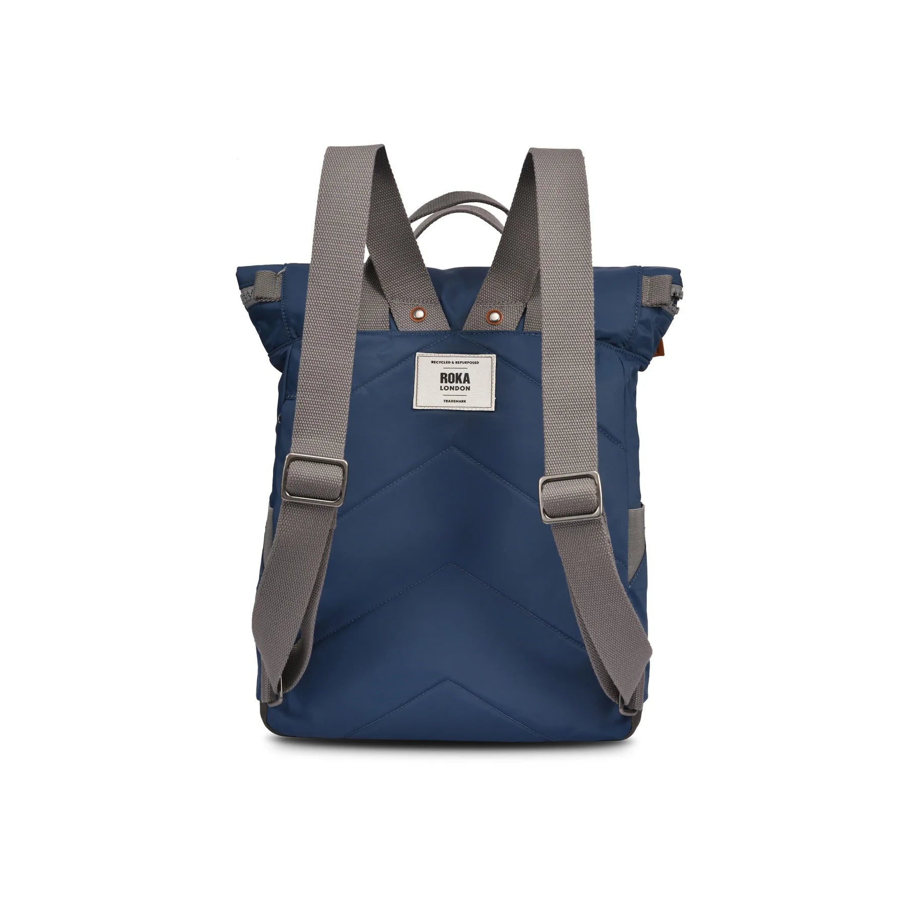 Blue backpack with gray straps on a white background