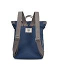 Blue backpack with gray straps on a white background