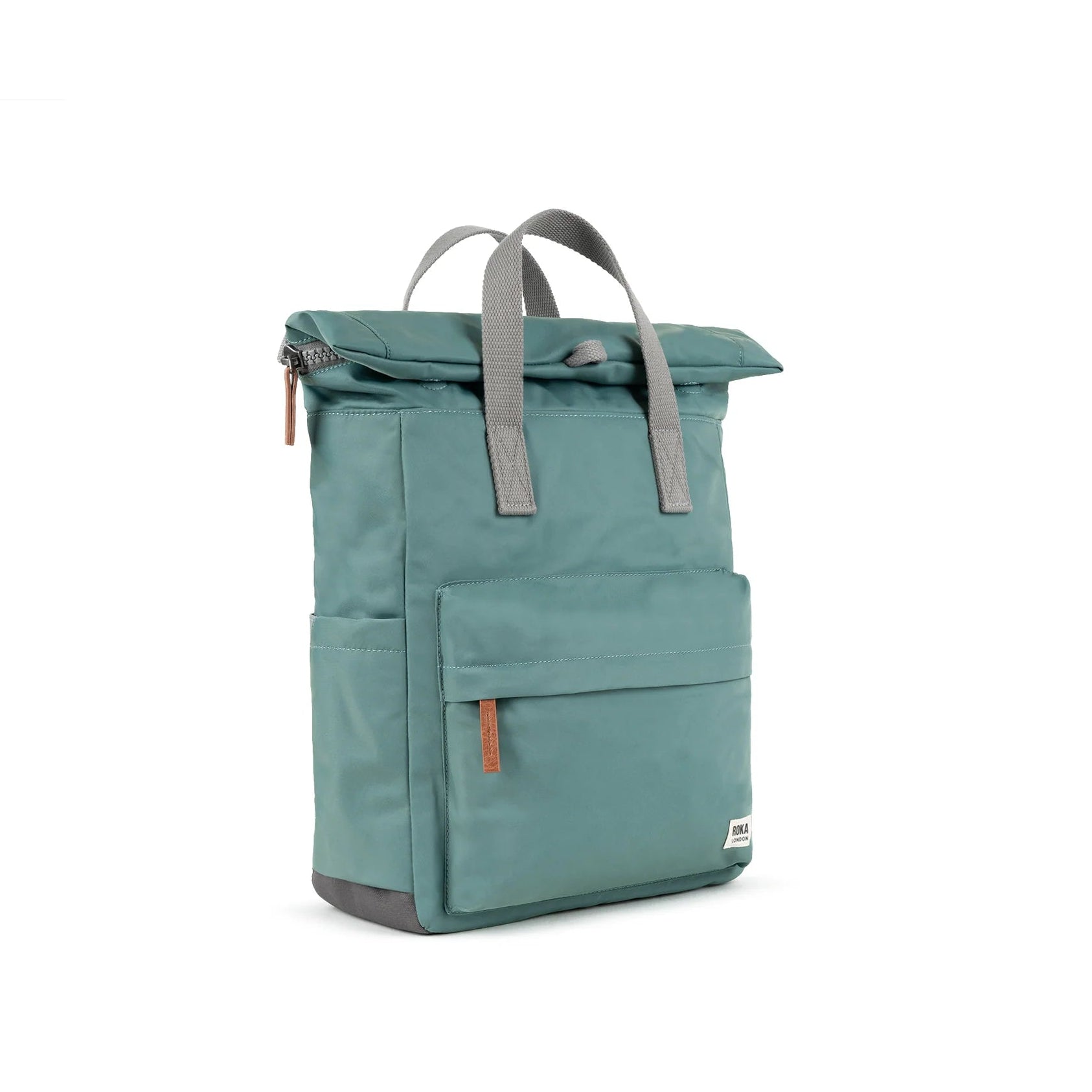 Teal backpack with gray straps on a white background