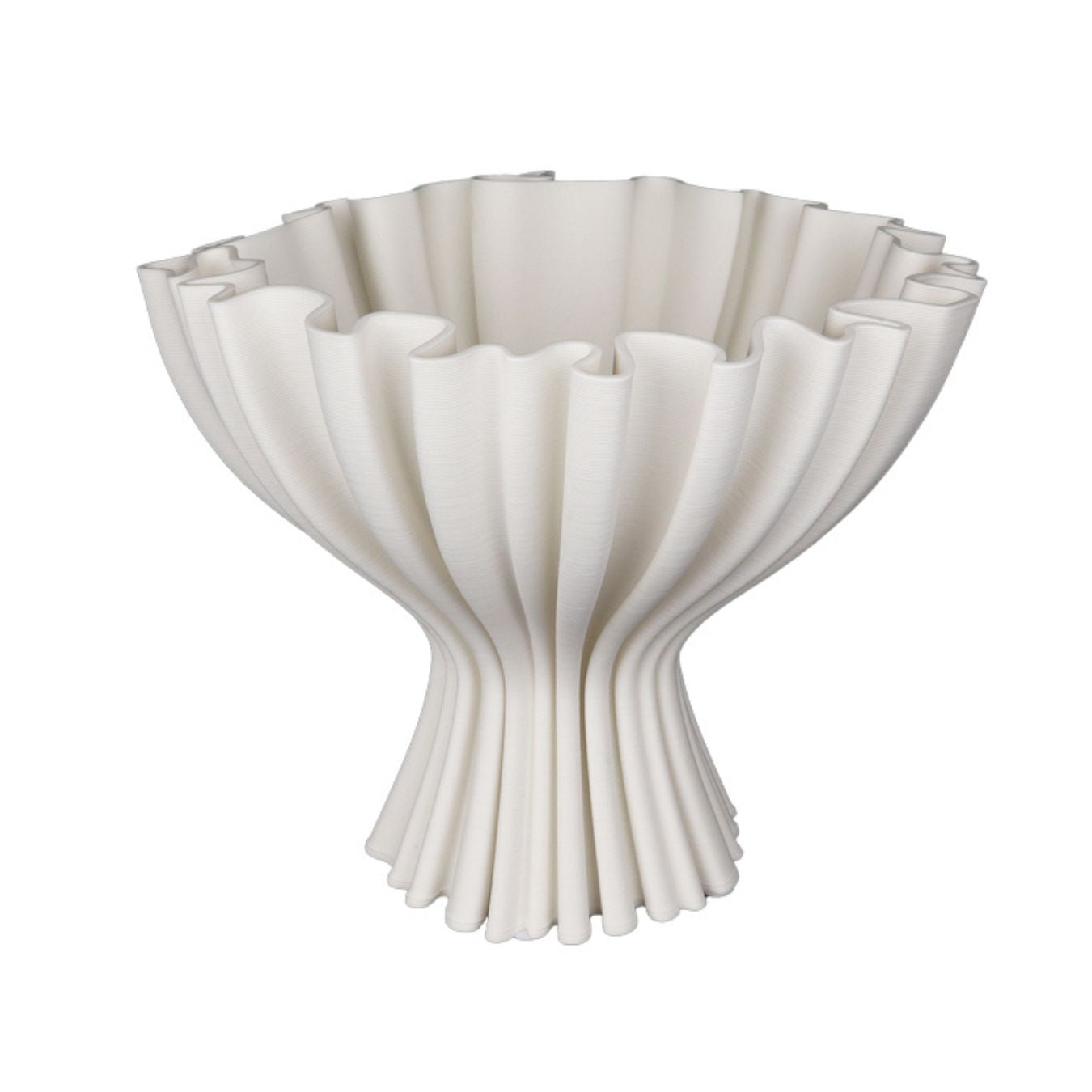 White decorative vase with a unique, layered design on a white background