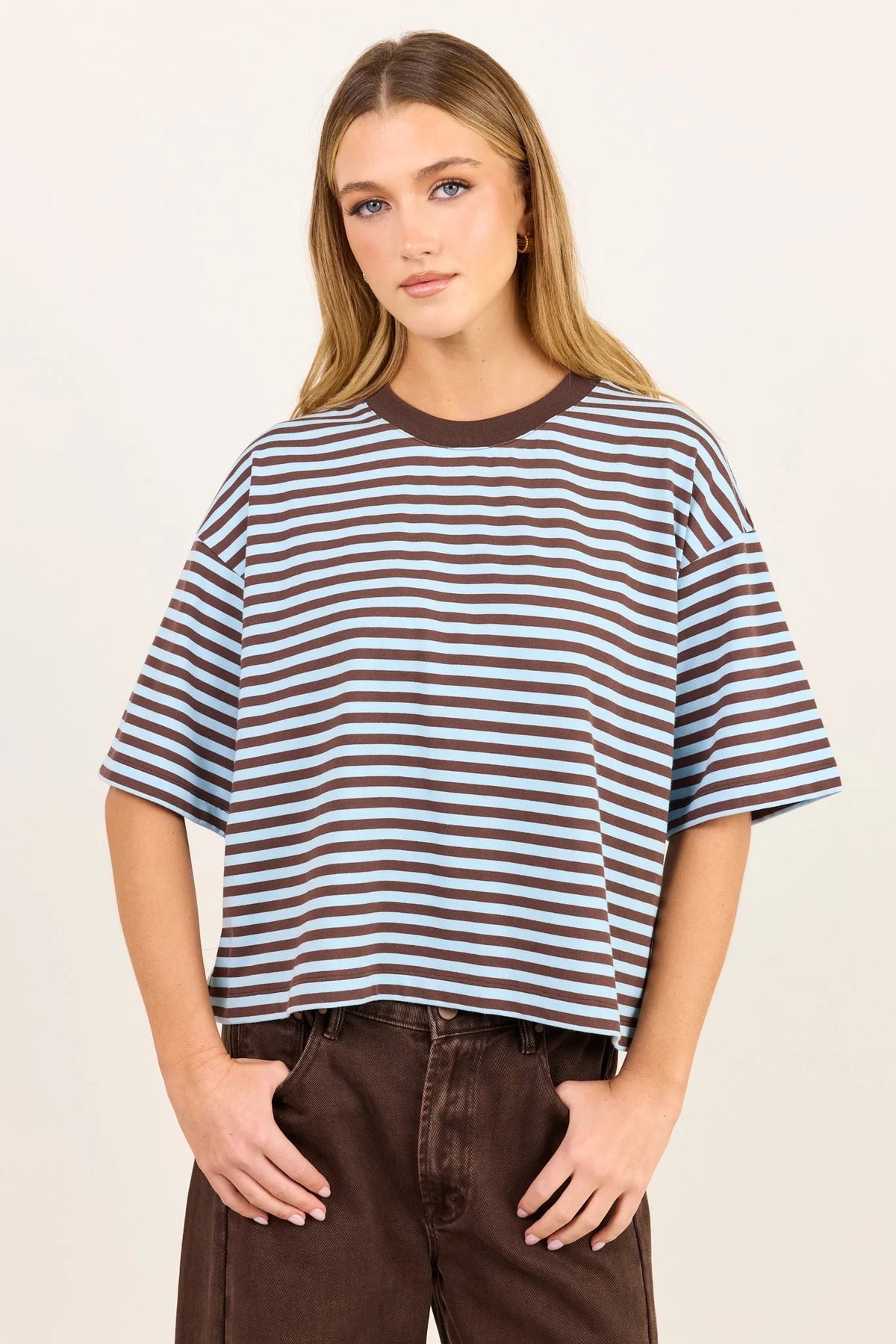 Cohesion Stripe Oversized Boxy Tee - Ice Blue/Chocolate