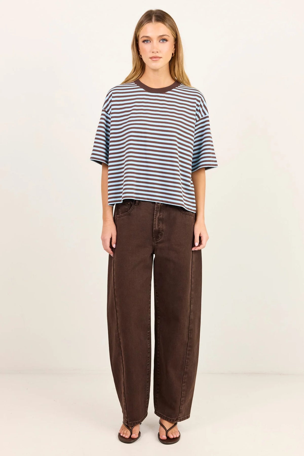 Cohesion Stripe Oversized Boxy Tee - Ice Blue/Chocolate