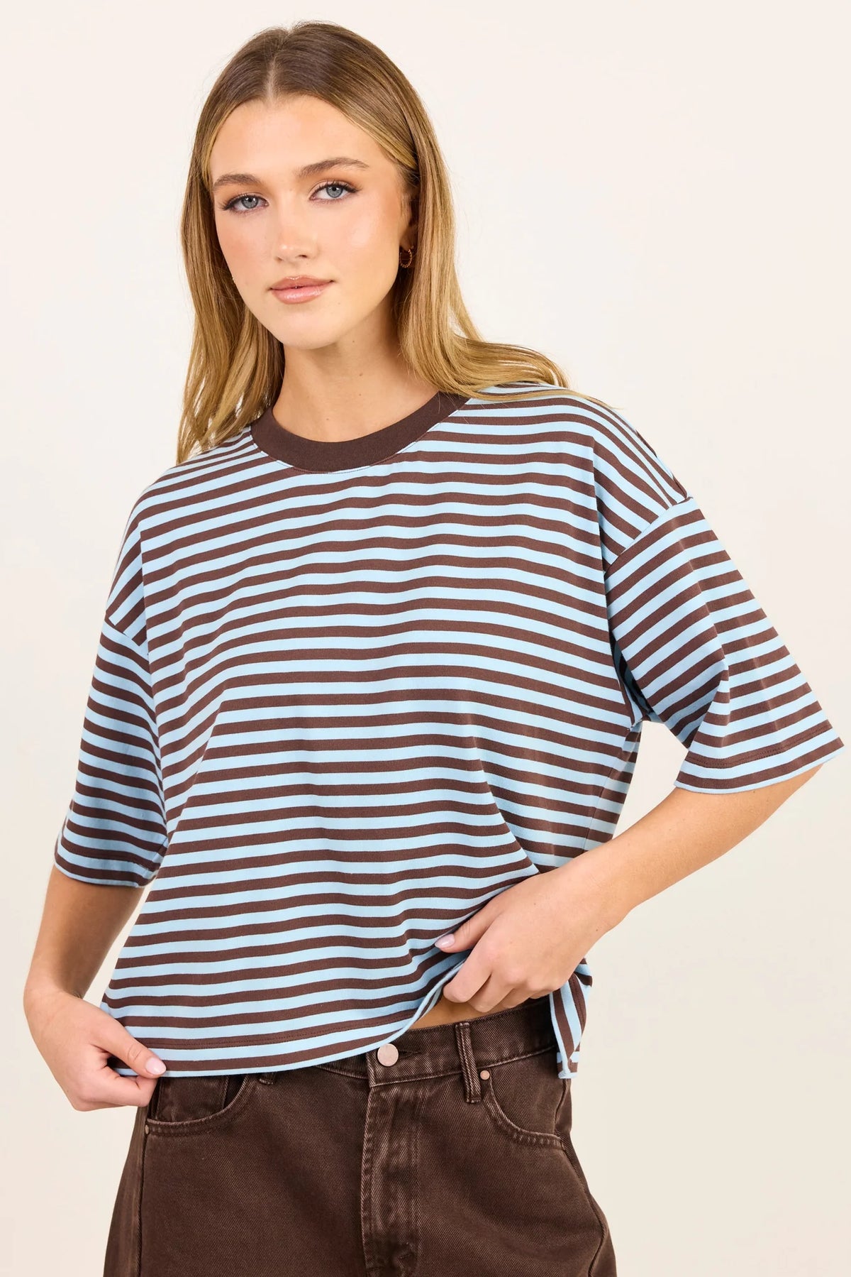 Cohesion Stripe Oversized Boxy Tee - Ice Blue/Chocolate