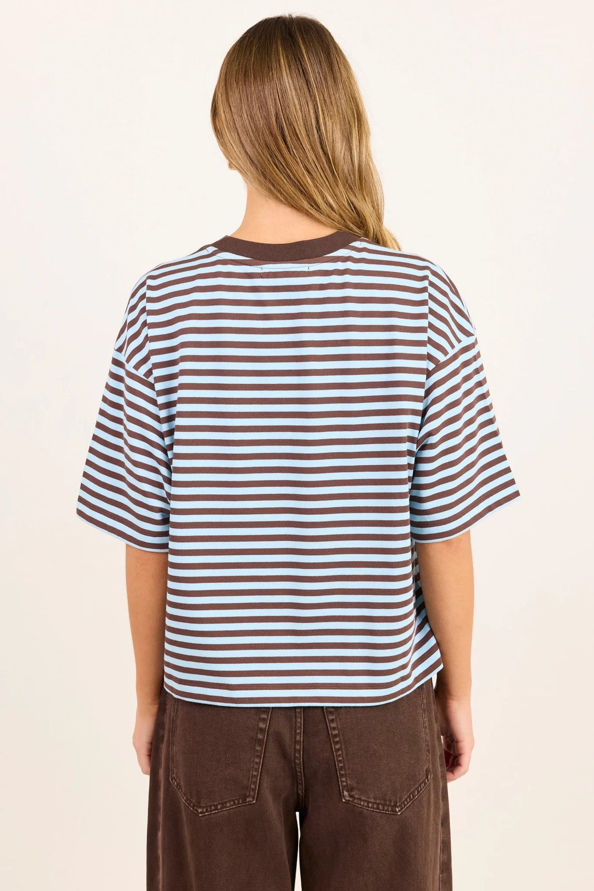Cohesion Stripe Oversized Boxy Tee - Ice Blue/Chocolate