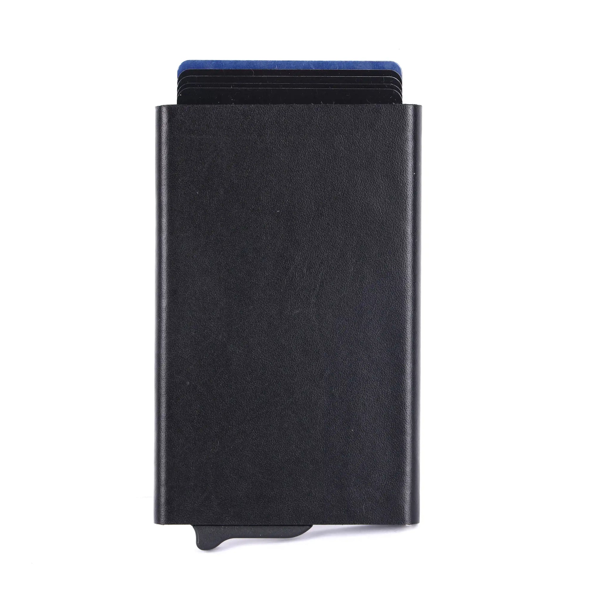 Black cardholder with blue cards on a white background