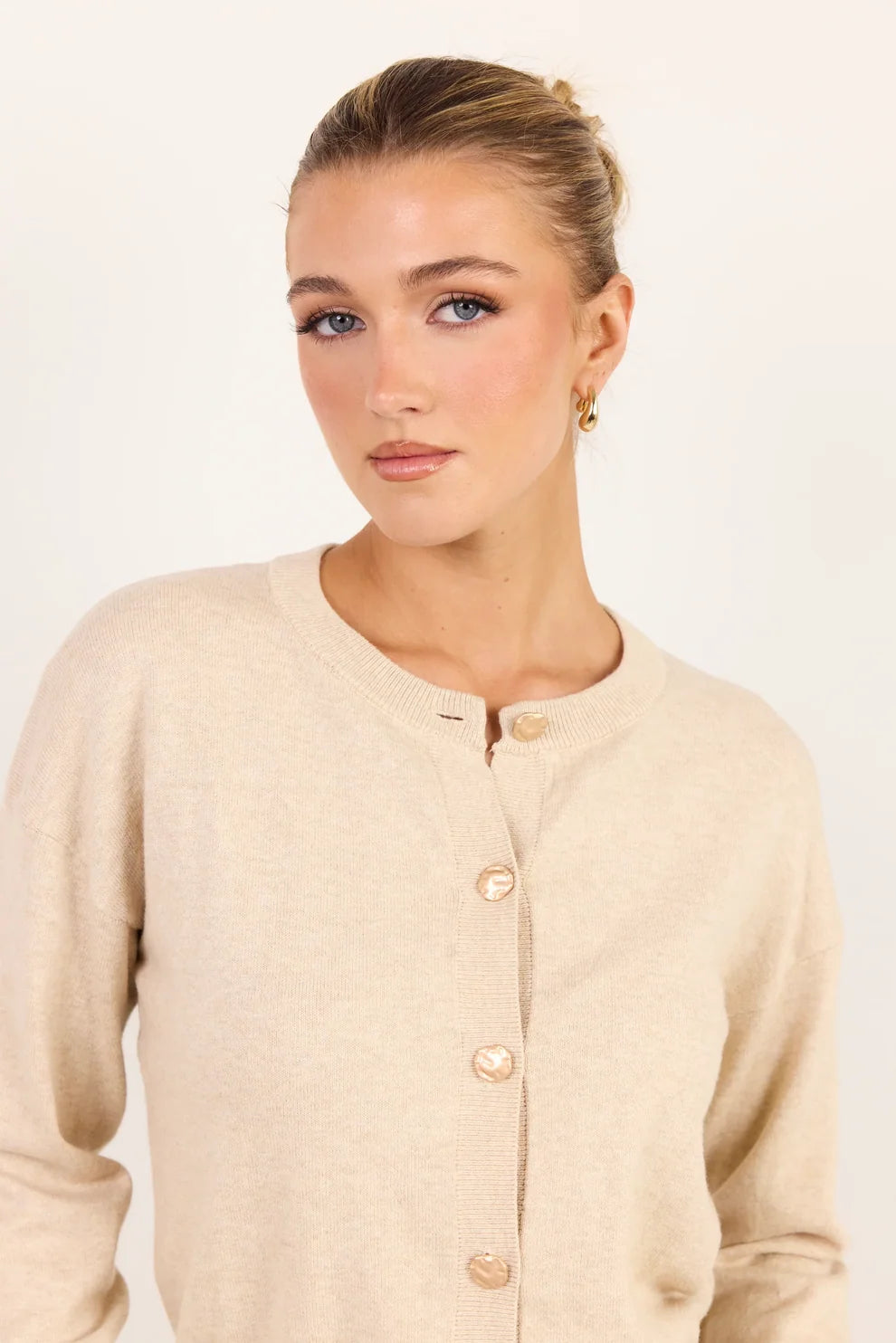 Delight Cotton Cashmere Fine Knit Crew Cardigan - Champagne