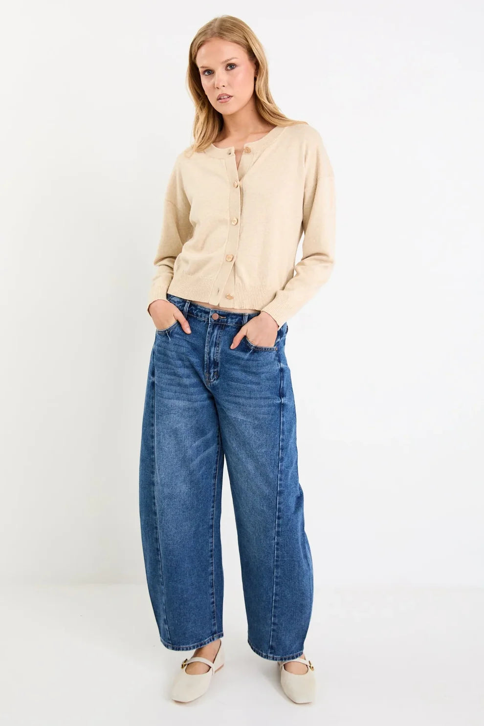 Delight Cotton Cashmere Fine Knit Crew Cardigan - Champagne