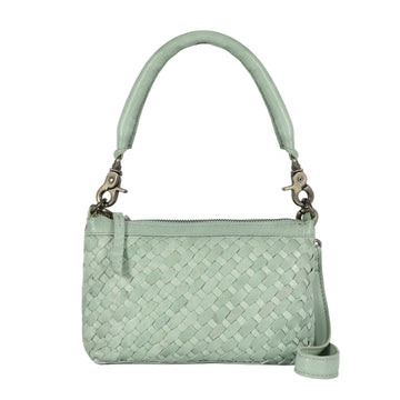 Mint green woven handbag on a white background