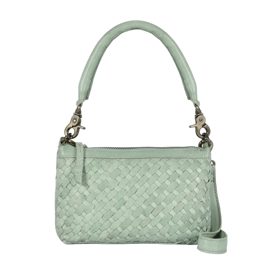 Mint green woven handbag on a white background
