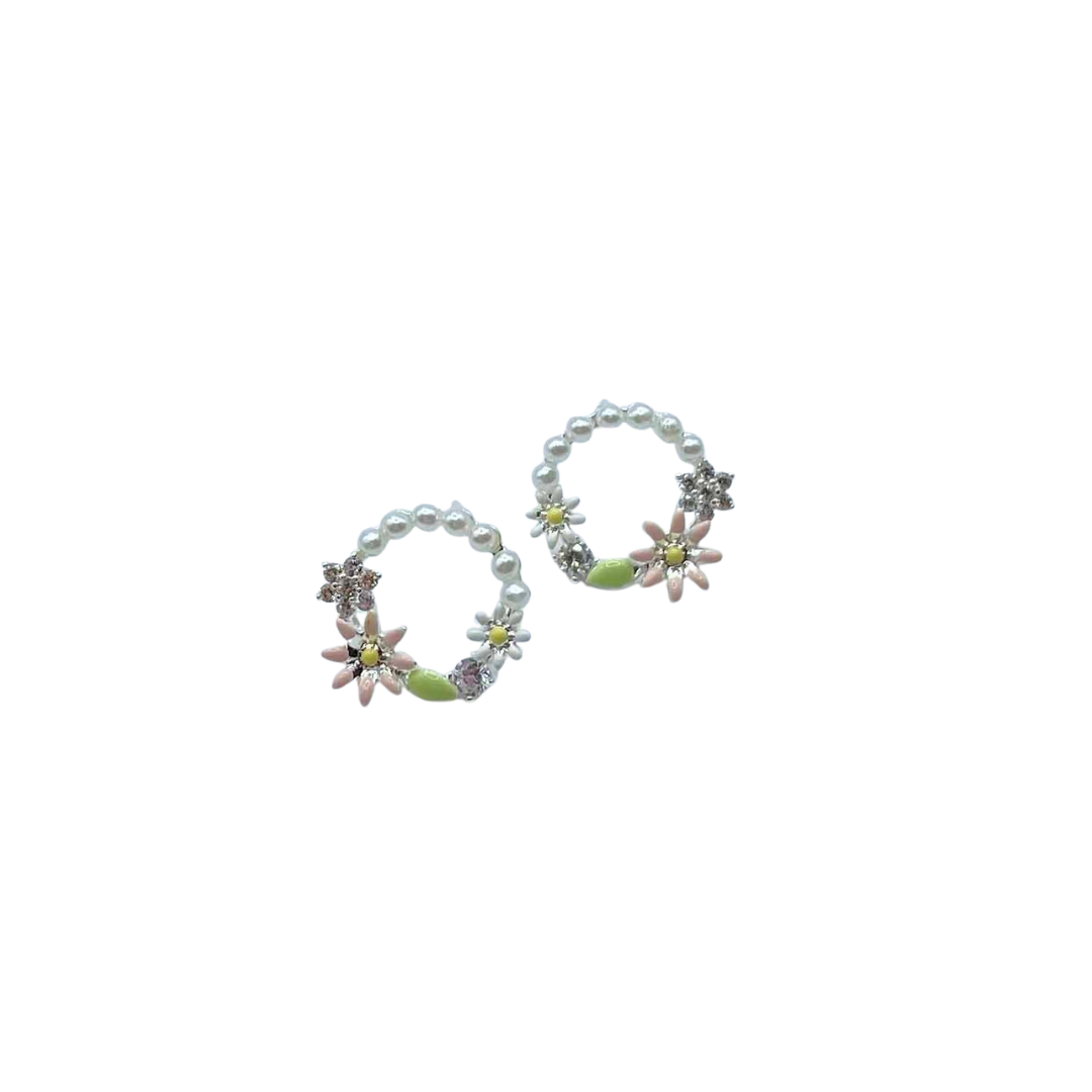 Sterling Silver Earrings - Round Pearl with Flower Studs